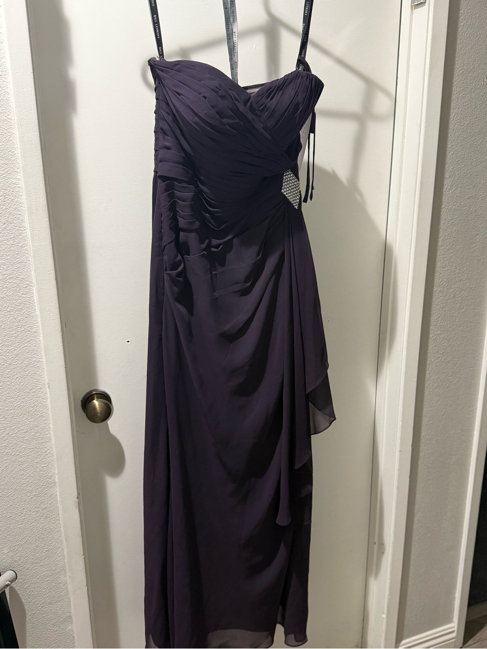 Bill Levkoff Strapless Deep Purple Chiffon Evening Gown with Rhinestone Accent